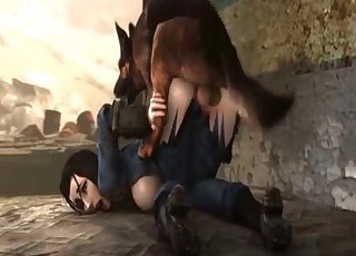 Two 3D dogs are pleasing a sexy beauty