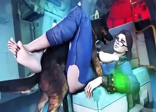 Spectacled 3D brunette licked by a dog