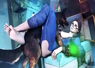 Gözlüklü 3D esmer bir köpek tarafından yalandı