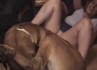 Smiling hottie and big dog have XXX fun