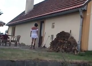 Frilly skirt hottie seducing a dog