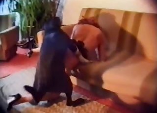 Redhead babe and her black dog having sex