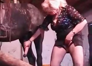 Farm animal fucks with a chubby mommy