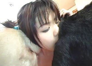 Schoolgirl throats a big pooch's prick