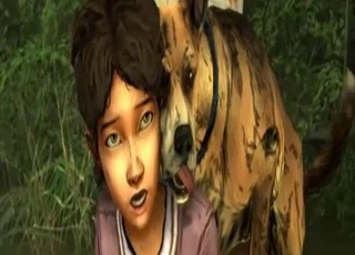 Clementine from The Walking Dead is fucking with a dog