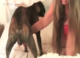 This amazing whore is dressed in red and gets fucked by a hound