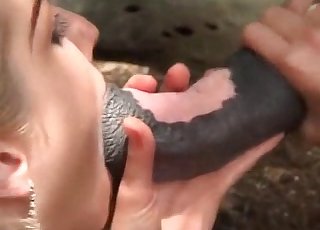 This blonde slut is showcasing her blowjob skills to a horse