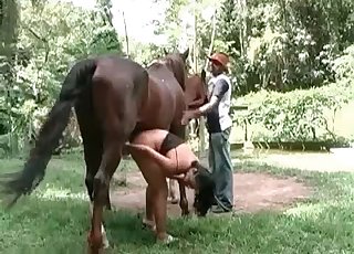 Pony is having fun with a farmer and his wife