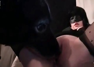 Hot dog licking busty girl’s snatch