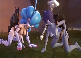 Two 3D dobermans are fucking slender chicks