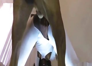 Perfect ebony bangs with a very big dog