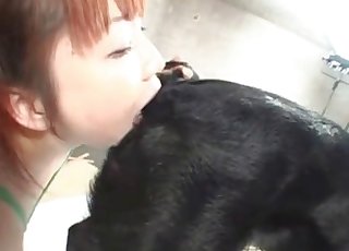 Redheaded Japanese girl eats dog ass